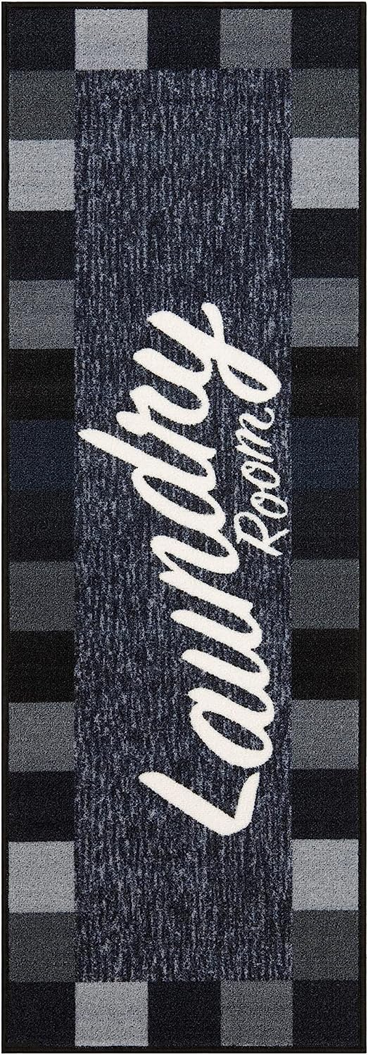 Laundry Collection Checkered Border Non-Slip Rubber Back Runner Rug, 20" x 59", Black