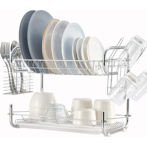 Dish Drying Rack 2 Tier, Kitchen Dish Rack with Drainboard, NATUROUS