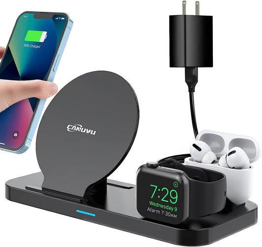 Wireless Charger, CANUVU 3 in 1 Fast Charging Station Compatible iPhone 14/13/12/11 Series/X/XS/XS Max/XR/8, Android Phone, Apple Watch & AirPods(with QC3.0 Adapter)