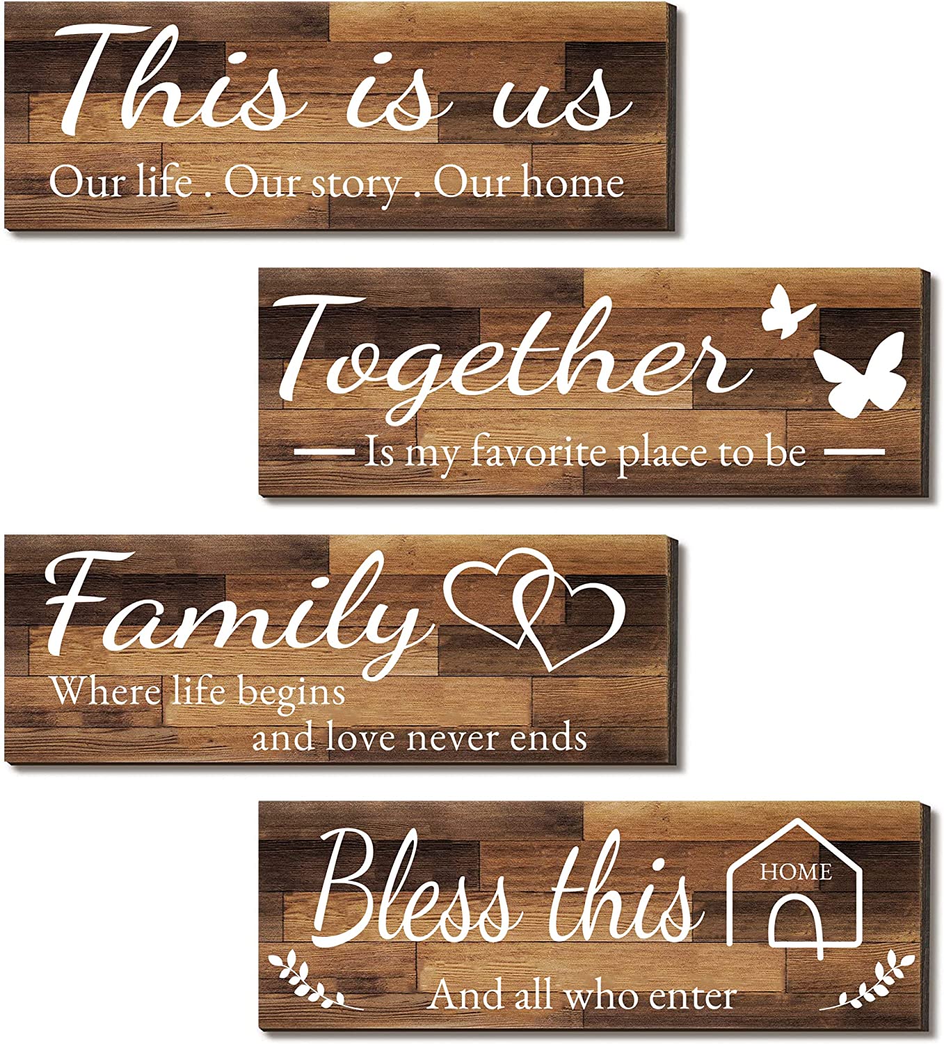 4 Pieces Home Wall Decor Signs, THIS IS US/TOGETHER/BLESS THIS HOME/FAMILY Wall Decor For Living Room Bedroom, Rustic Wooden Farmhouse Wall Art Decor, 4.7 x 13.8 Inch(Brown)