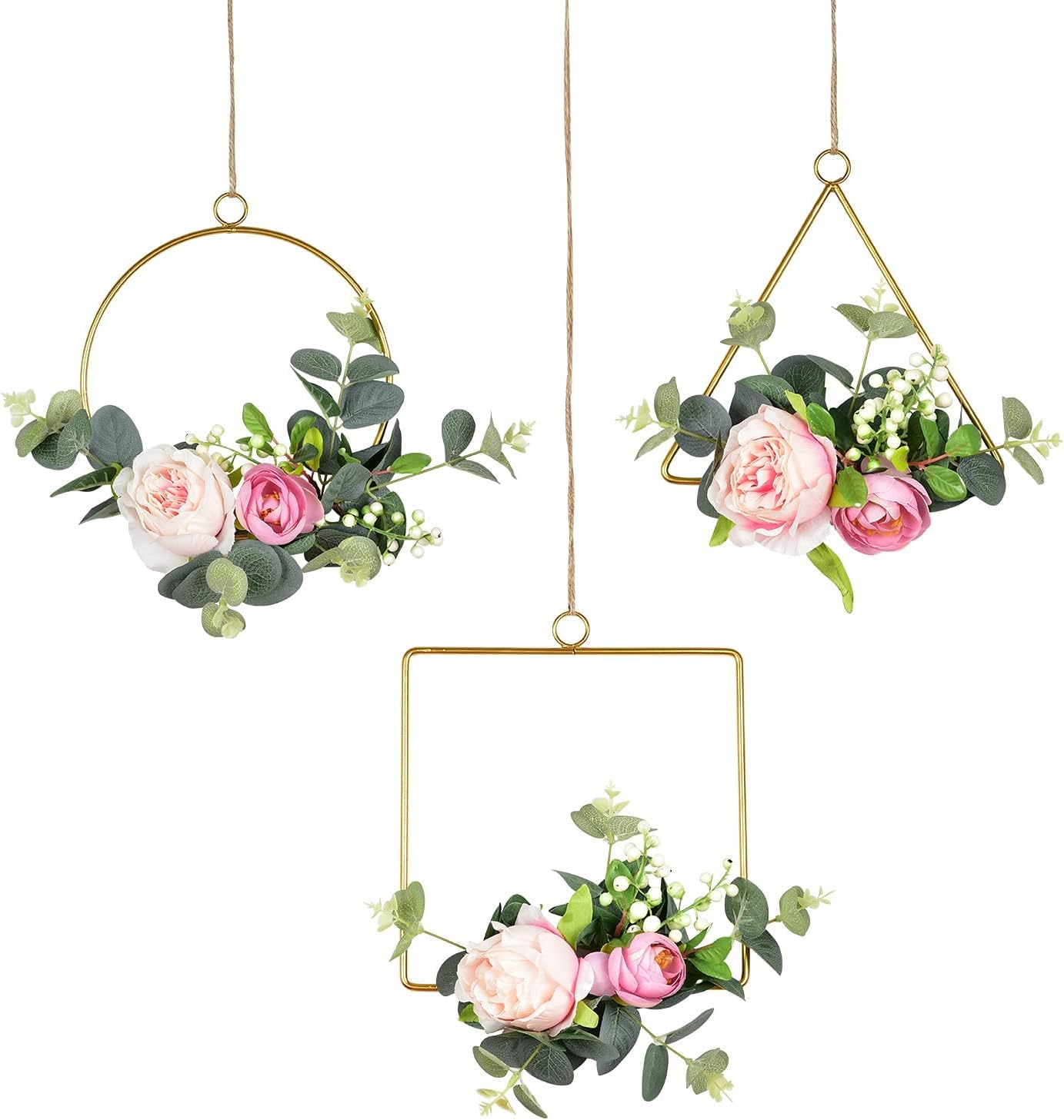 Artificial Flower Hoop Wreath, Set of 3 Hanging Floral Wall Decor with Silk Roses and Eucalypts Leaves for Wedding Party Nursery Wall Home Decoration