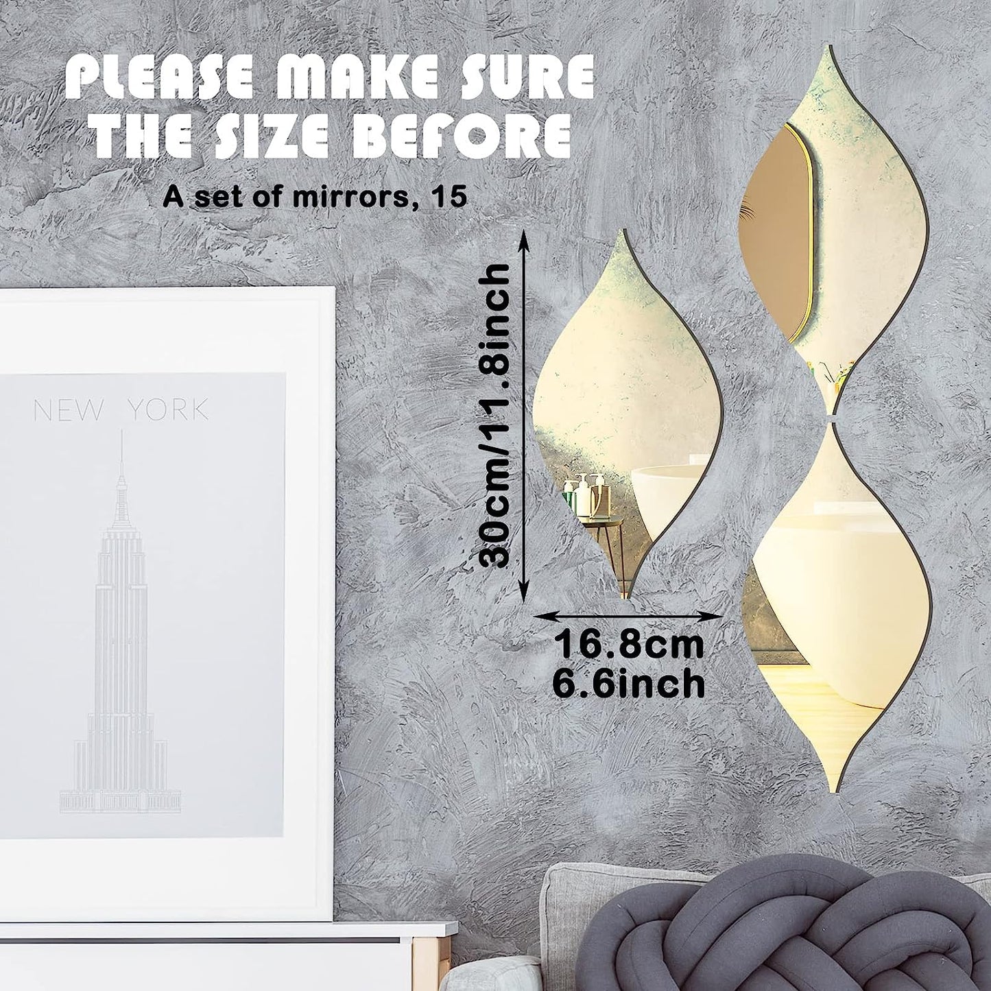 15 Pack Removable Acrylic Mirror Wall Stickers Teardrop Mirror Acrylic Wall Sticker 3D DIY Wall Decals Art for Living Room Bathroom Home Office Classroom, 11.8 x 6.6 Inch (Gold)