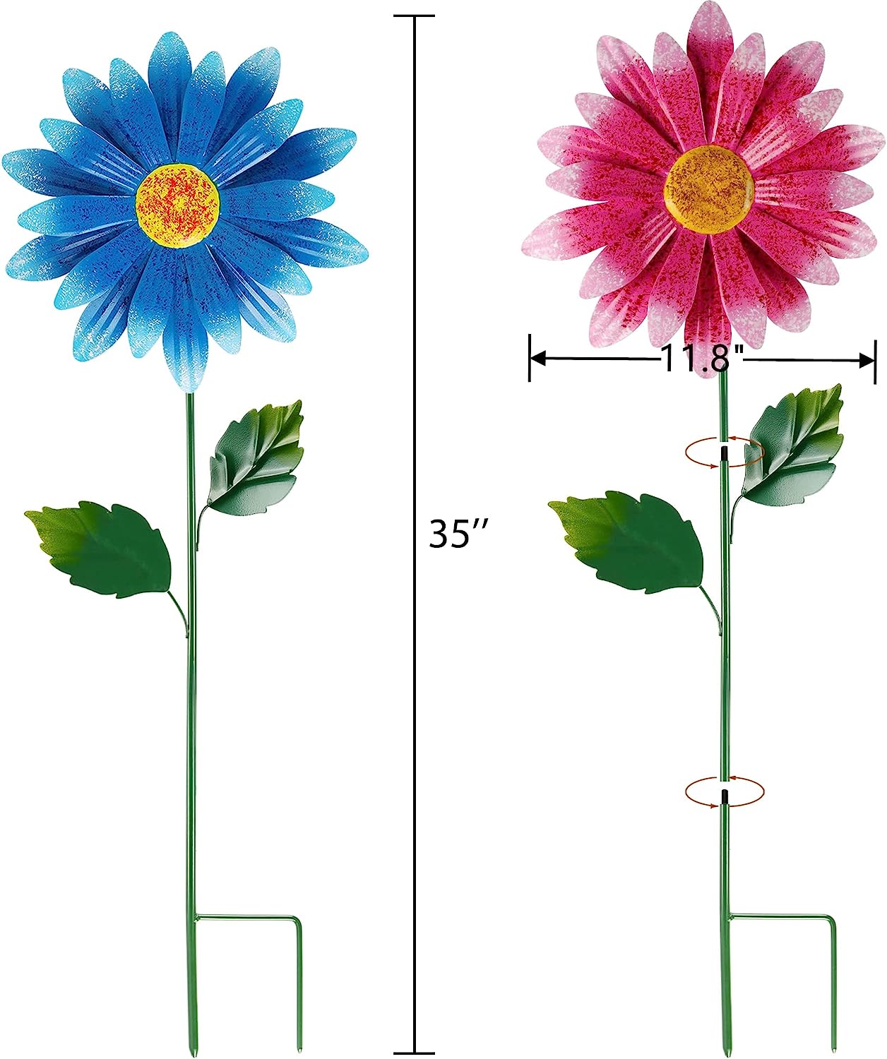 2 Pack Flower Garden Stakes Decor, 35 Inch Outdoor Large Metal Colorful Sunflowers Daisy Yard Art, Rust Proof Metal Plant Sticks, Indoor Outdoor Fall Lawn Pathway Patio Art Decorations