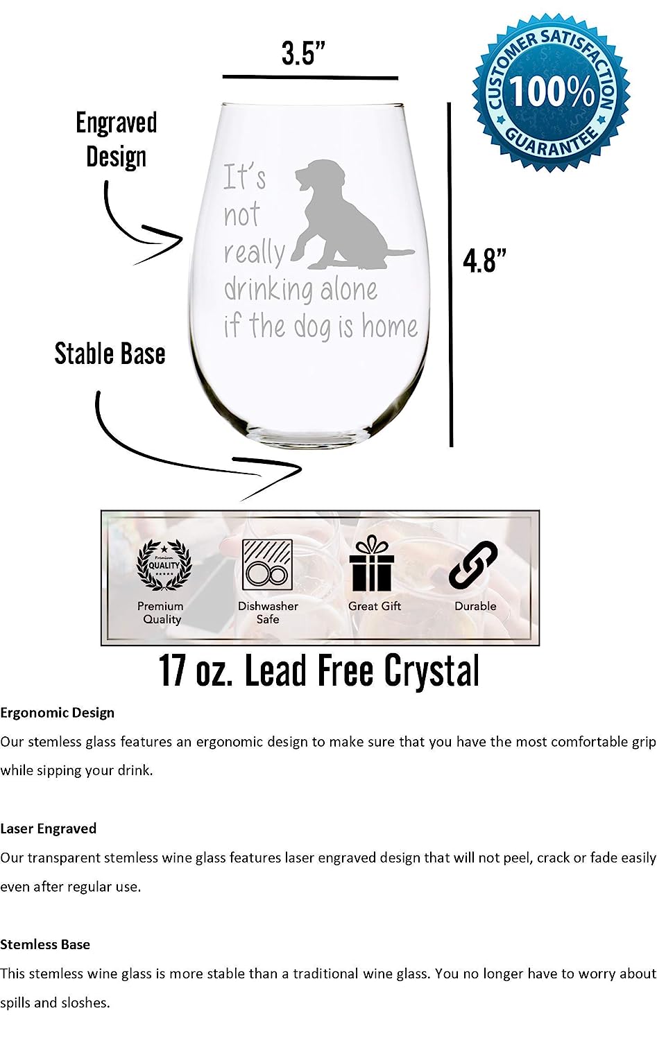The Dog is Home Stemless Wine Glass-Funny Gift for the Dog Lover, Him, Her, Birthdays, Anniversaries, Retirement, Mother, Father, 17 Ounces, Laser Engraved, Crystal, Lead-free D1