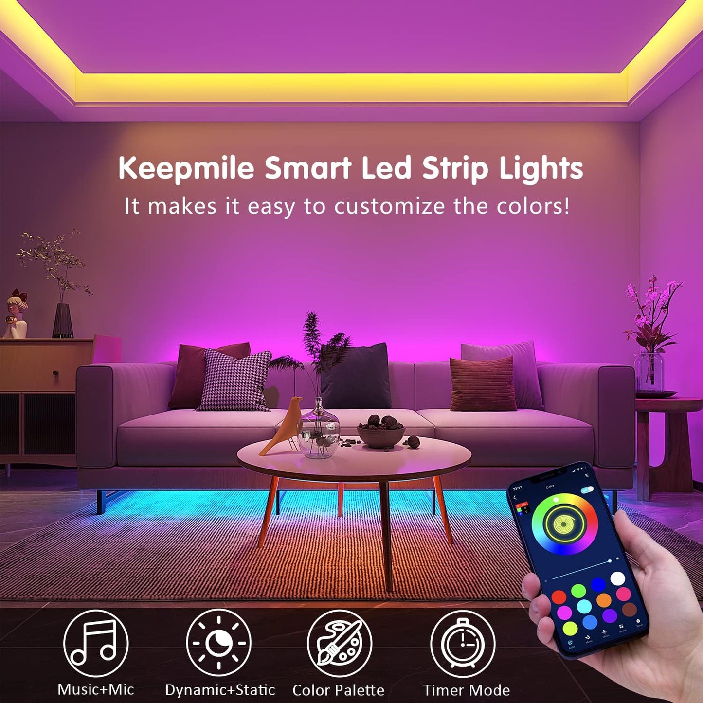 100ft Led Strip Lights (2 Rolls of 50ft) Bluetooth Smart App Music Sync Color Changing RGB Led Light Strip with Remote and Power Adapter