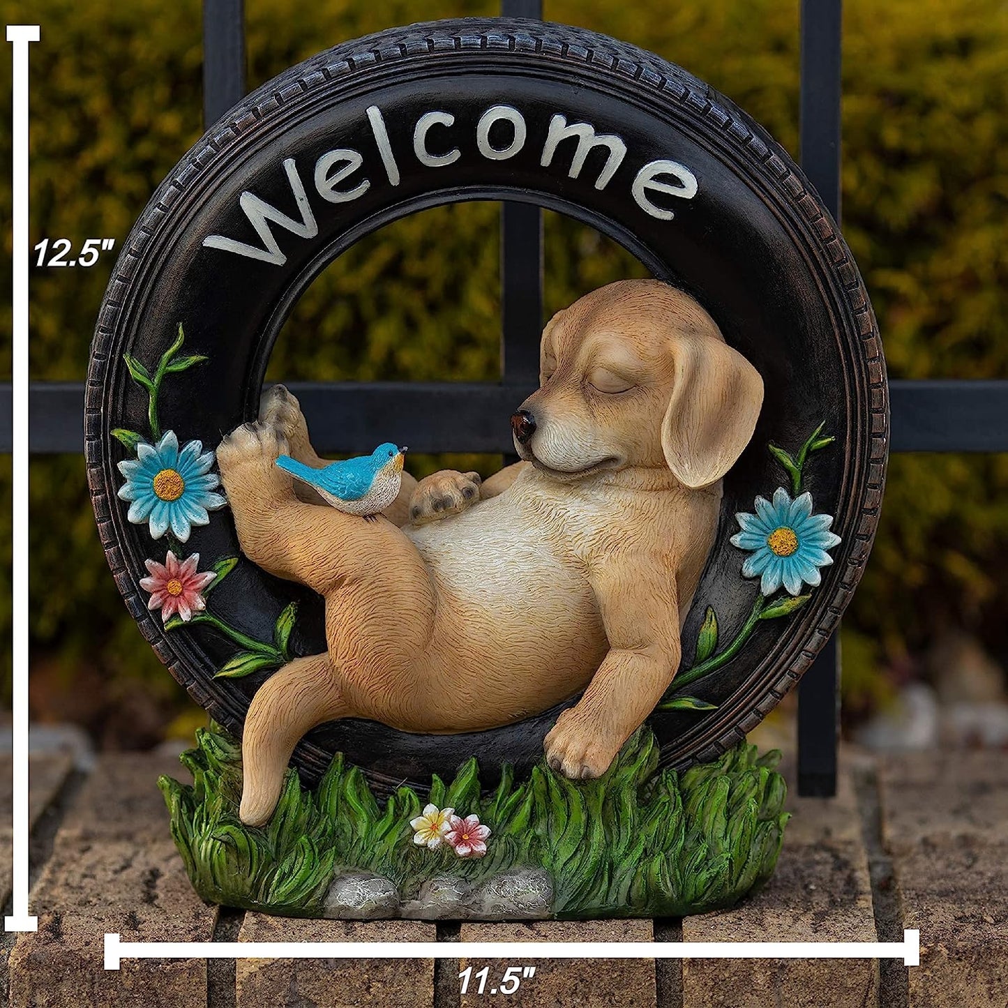 Welcome Puppy Dog Solar Powered LED Outdoor Decor Garden Light Outdoor Decor Garden Light Welcome Chillax Puppy Statues Outdoor Funny Figurine Decor for Outside Patio, Yard, Lawn