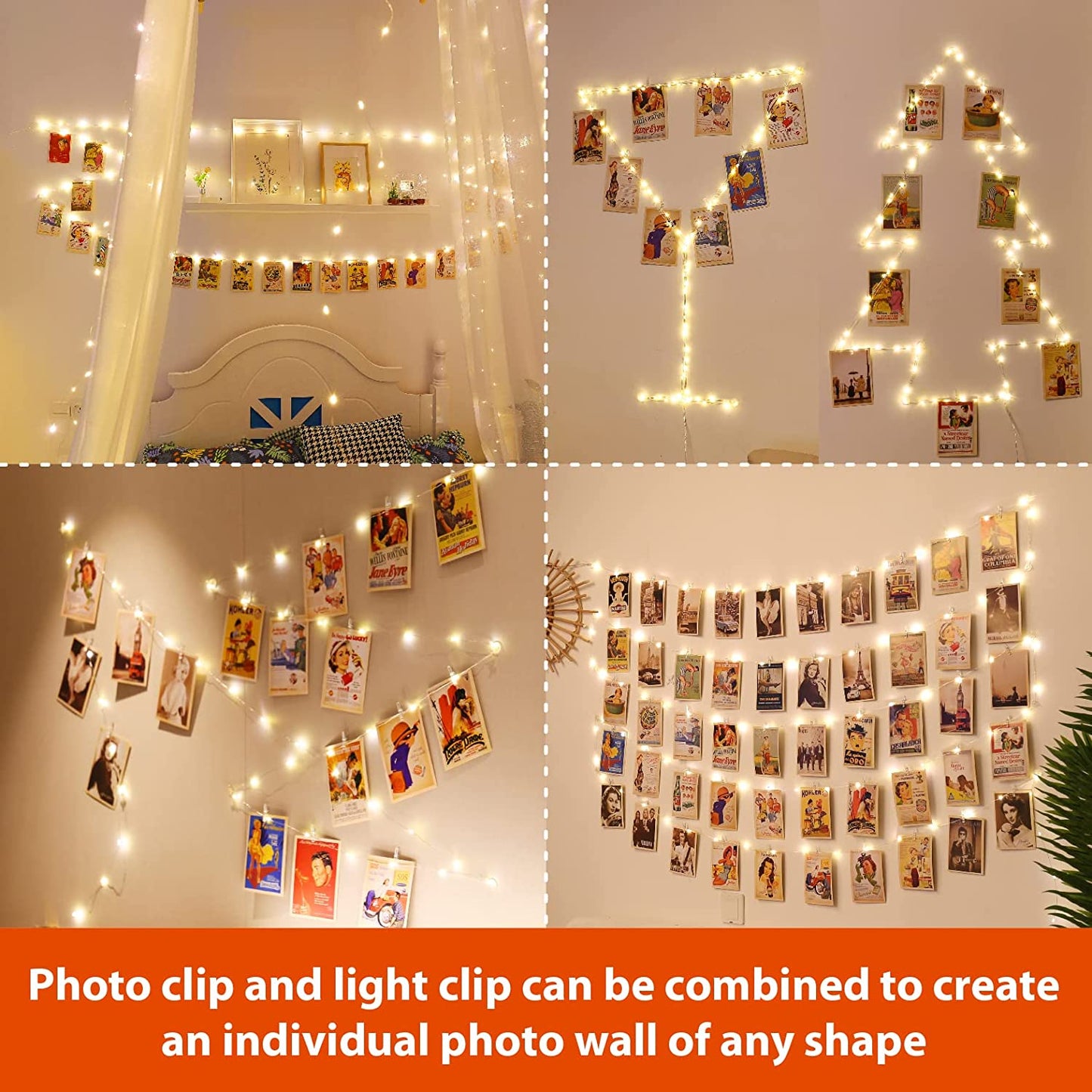 120LEDs Photo Clips String Light, Warm White 40Ft Fairy Light with 52 Clear Clips & 12 Hooks on Wall, Timer & 8 Modes USB Powered Copper Wire String Light for Hanging Picture, Bedroom Party