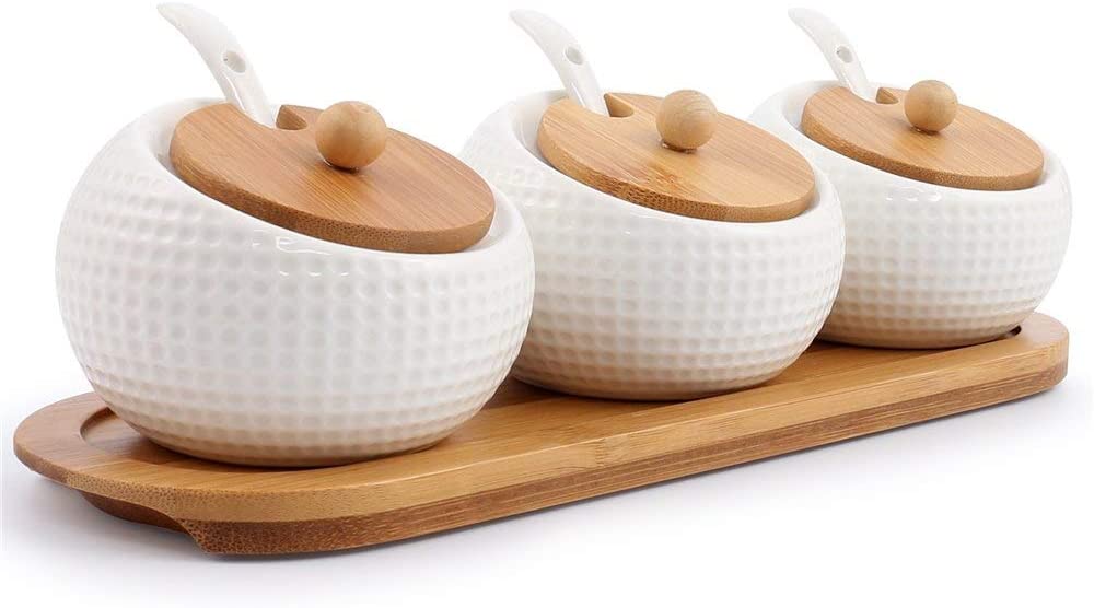 Porcelain Condiment Jar Spice Container with Lids - Bamboo Cap Holder Spot, Ceramic Serving Spoon, Wooden Tray - Best Pottery Cruet Pot for Your Home, Kitchen, Counter. White,170 ML (5.8 OZ), Set of 3
