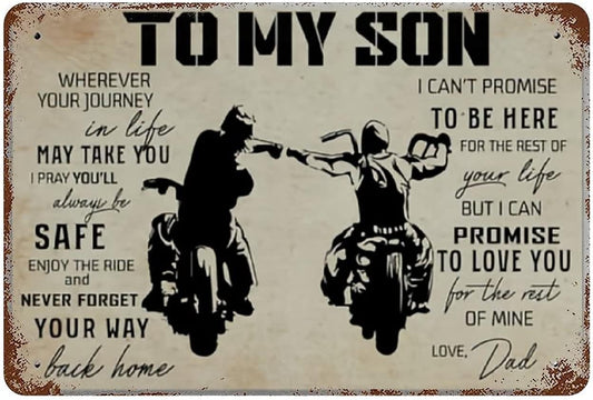 Dad and Son Biker to My Son Vintage Metal Sign Wall Decor for Bars Restaurants Cafes Pubs 12x8 Inch (White-225)