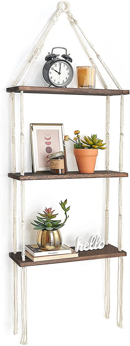 Macrame Wall Hanging Shelf 3 Tier Wood Floating Shelves with Cute Woven Rope Boho Room Decor Display Photos Plant Hanging Storage Shelves for Bathroom, Bedroom, Living Room, Nursery