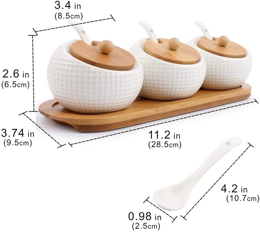 Porcelain Condiment Jar Spice Container with Lids - Bamboo Cap Holder Spot, Ceramic Serving Spoon, Wooden Tray - Best Pottery Cruet Pot for Your Home, Kitchen, Counter. White,170 ML (5.8 OZ), Set of 3
