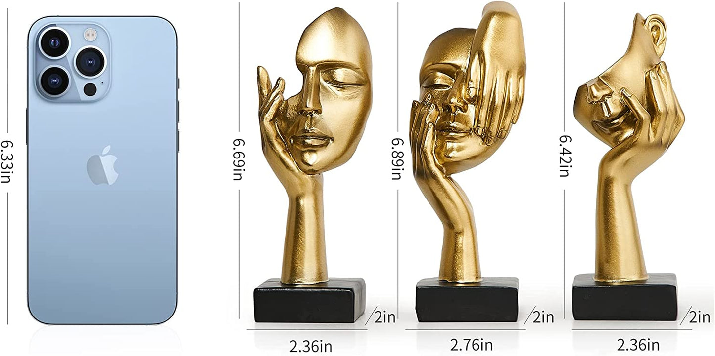 Gold Decor Face Statues for Home Decor Set of 3, Thinker Statues Shelf Decor Accents, Table Decorations for Living Room Bedroom Office, Bookshelf Decorative Objects