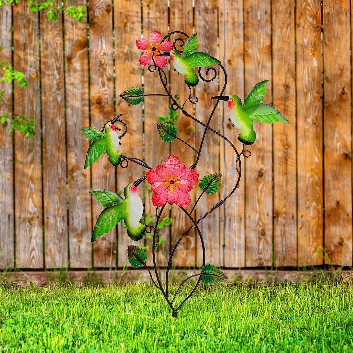 28 Inch Hummingbirds Garden Stake Decor, Colorful Look & Personalities Flowers Metal Wall Art Spring Decoration, Yard Outdoor Lawn Pathway Patio Ornaments