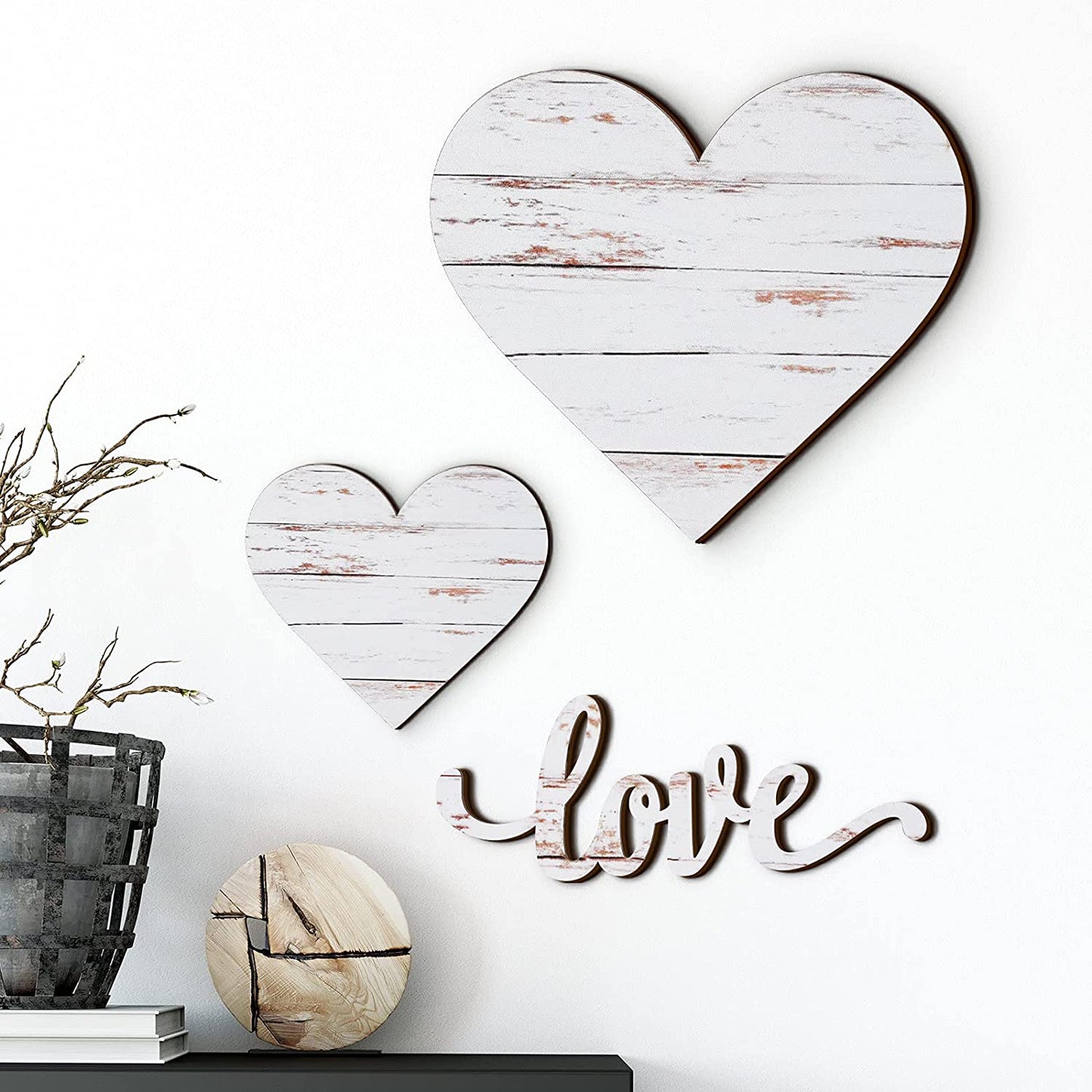 3 Pieces Heart Shaped Wood Sign Heart-Shaped Wooden Wall Sign Wood Heart Wall Decor Rustic Hanging Sign Wooden Heart Plaque for Home Farmhouse Living Room Bedroom (White)