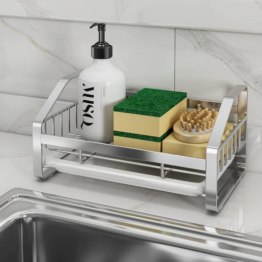 Sink Caddy, Sponge Holder for Kitchen Sink, Kitchen Bathroom Sink Organizer, 304 Stainless Steel Kitchen Countertop Organizer Soap Tray with Removable Drain Tray-Silver