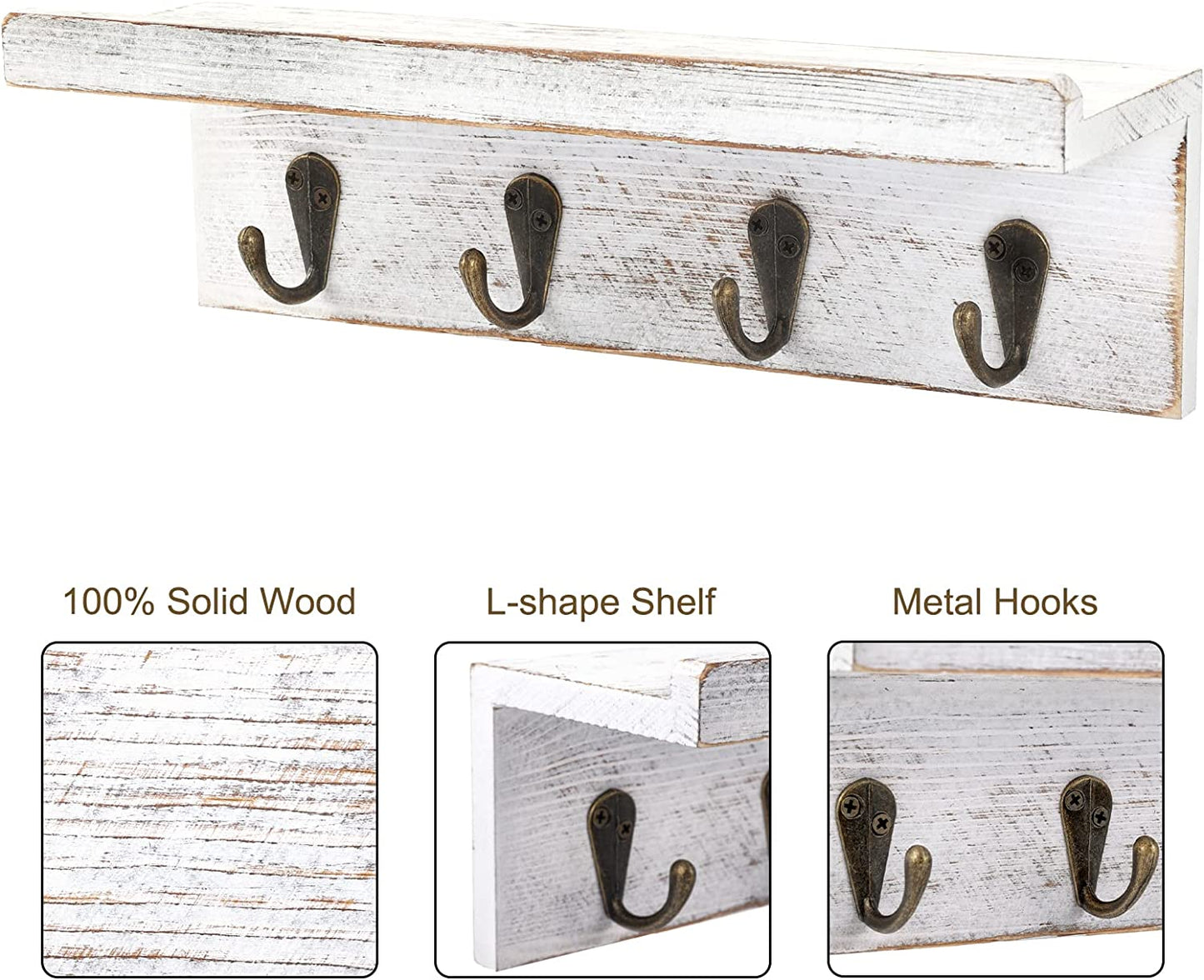 Rustic Key Holder for Wall, Farmhouse Wall Shelf with 4 Hooks, Wall Mounted Key Racks, Wooden Mail Organizer with Hooks for Entryway (White - Pine)