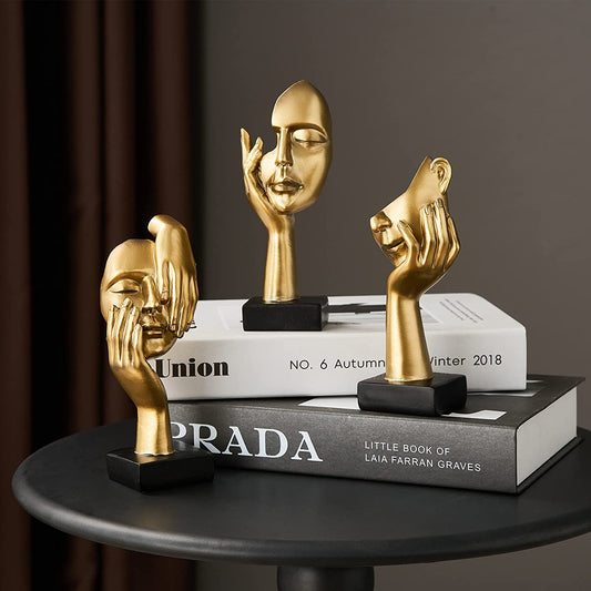 Gold Decor Face Statues for Home Decor Set of 3, Thinker Statues Shelf Decor Accents, Table Decorations for Living Room Bedroom Office, Bookshelf Decorative Objects
