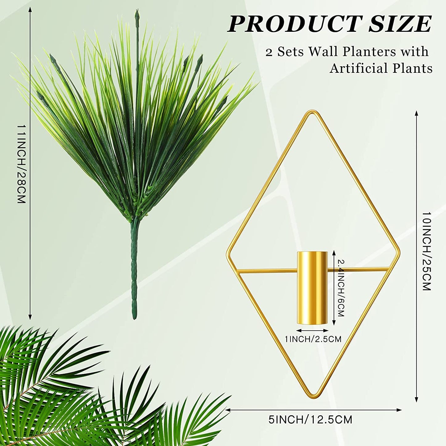 2 Pieces Diamond Shape Hanging Planters with Artificial Aquatic Plants Metal Hanging Vase Indoor Plants Holder Modern Geometric Wall Decor for Home Living Room Office (Gold, Aquatic Plant)