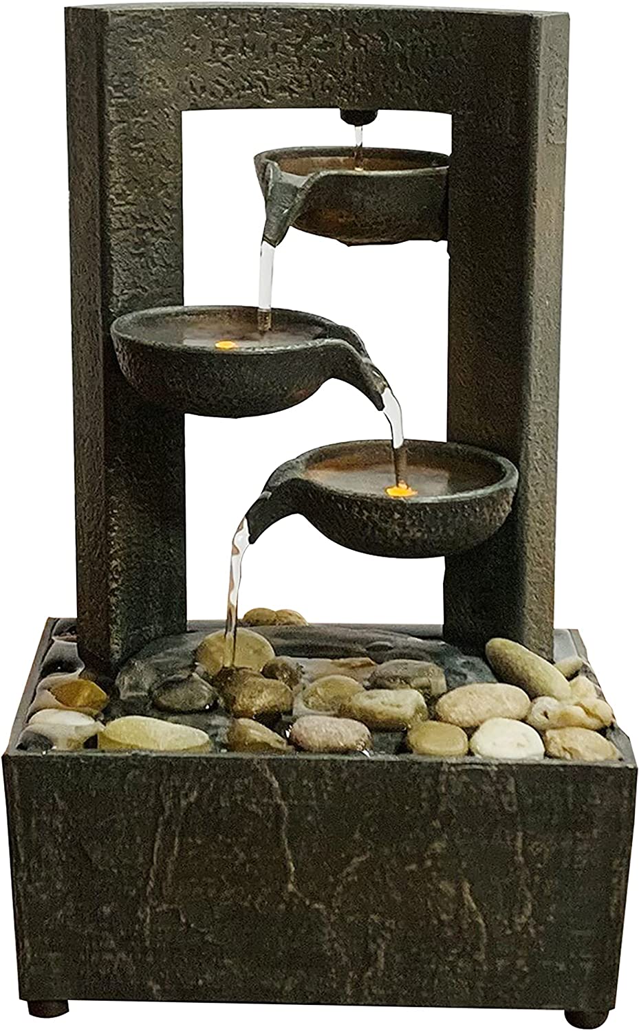 9.6" H Tiered Raining Spout Tabletop Water Fountain with Natural River Rocks and LED Lights (Power Cord Attached)