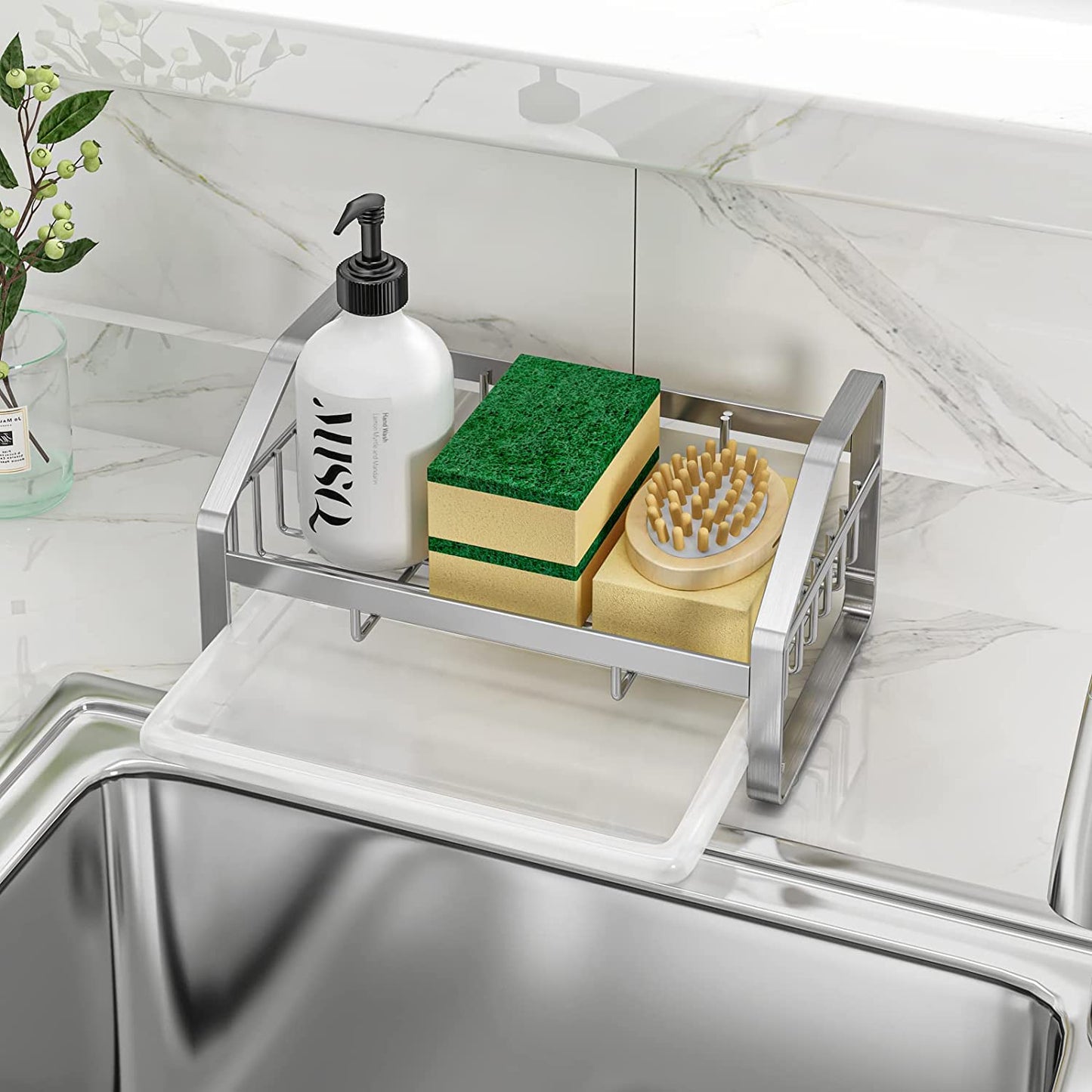 Sink Caddy, Sponge Holder for Kitchen Sink, Kitchen Bathroom Sink Organizer, 304 Stainless Steel Kitchen Countertop Organizer Soap Tray with Removable Drain Tray-Silver