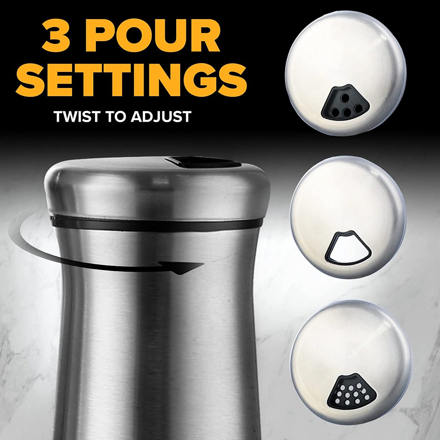 The Original Salt and Pepper Shakers set - Spice Dispenser with Adjustable Pour Holes - Stainless Steel & Glass - Set of 2 Bottles