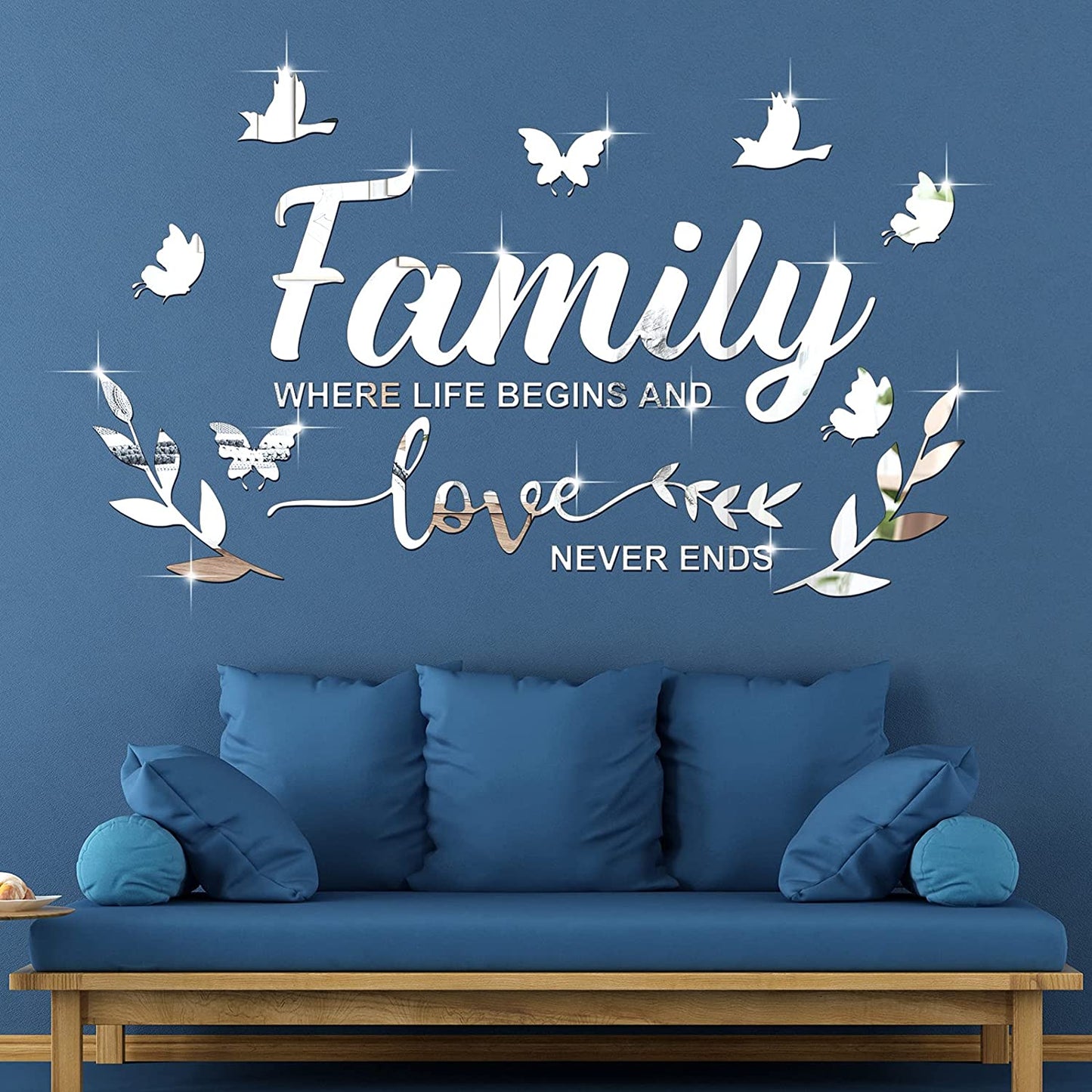 Mirror Family Wall Decor 3D Acrylic Wall Decal Stickers Family Letter Quotes Mirror Decor DIY Removable Wall Art Decals Motivational Butterfly Mural Stickers for Home Decor (Silver)