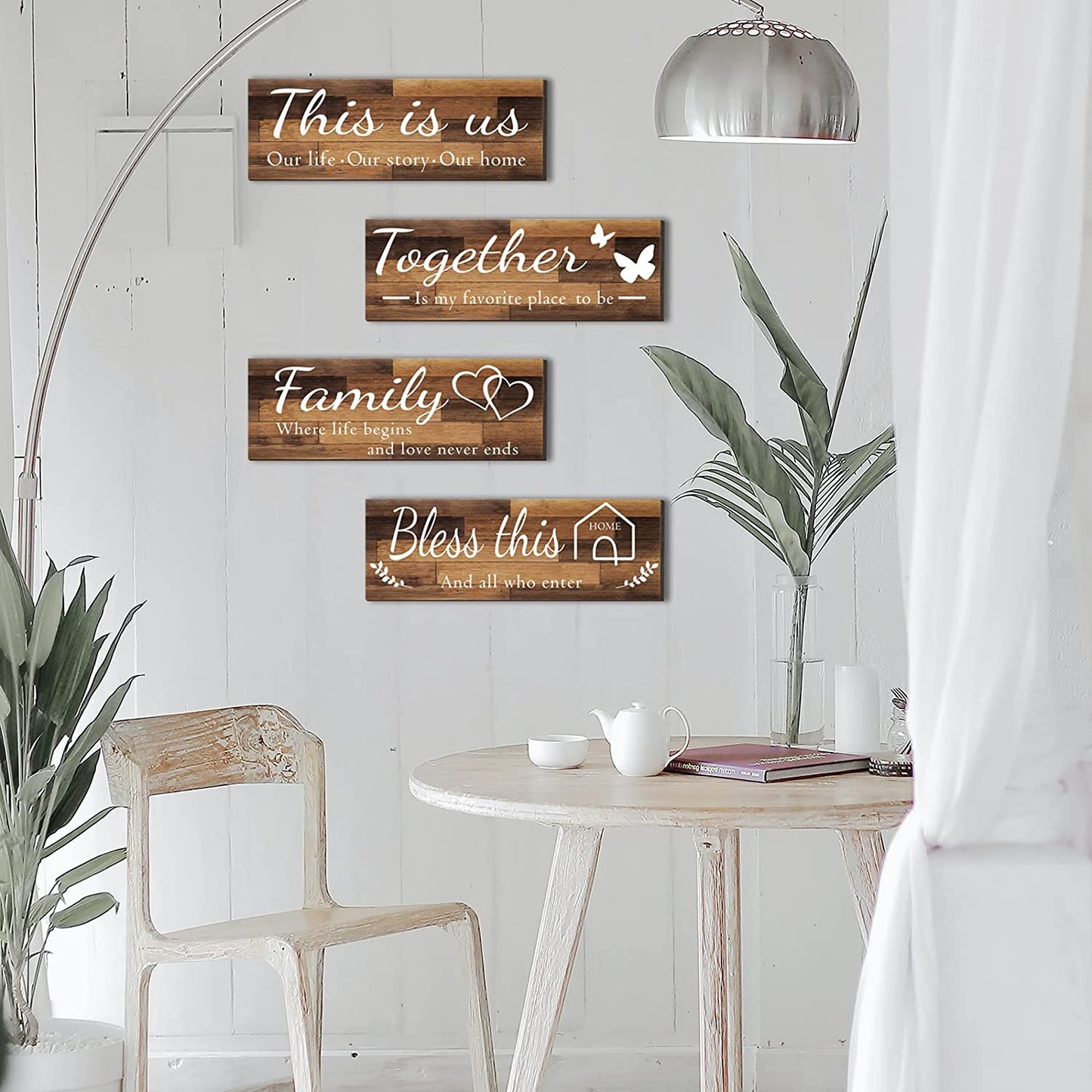 4 Pieces Home Wall Decor Signs, THIS IS US/TOGETHER/BLESS THIS HOME/FAMILY Wall Decor For Living Room Bedroom, Rustic Wooden Farmhouse Wall Art Decor, 4.7 x 13.8 Inch(Brown)