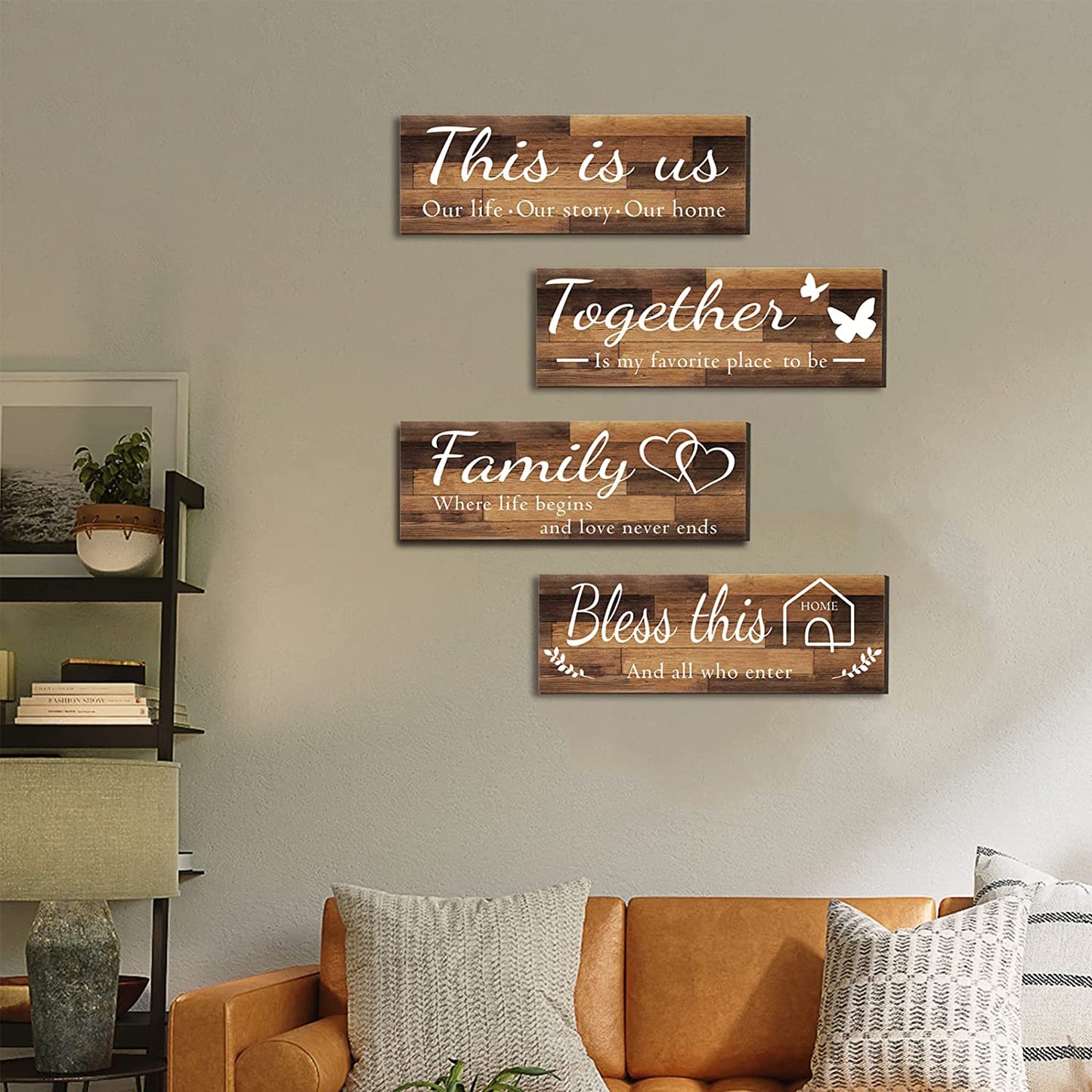 4 Pieces Home Wall Decor Signs, THIS IS US/TOGETHER/BLESS THIS HOME/FAMILY Wall Decor For Living Room Bedroom, Rustic Wooden Farmhouse Wall Art Decor, 4.7 x 13.8 Inch(Brown)