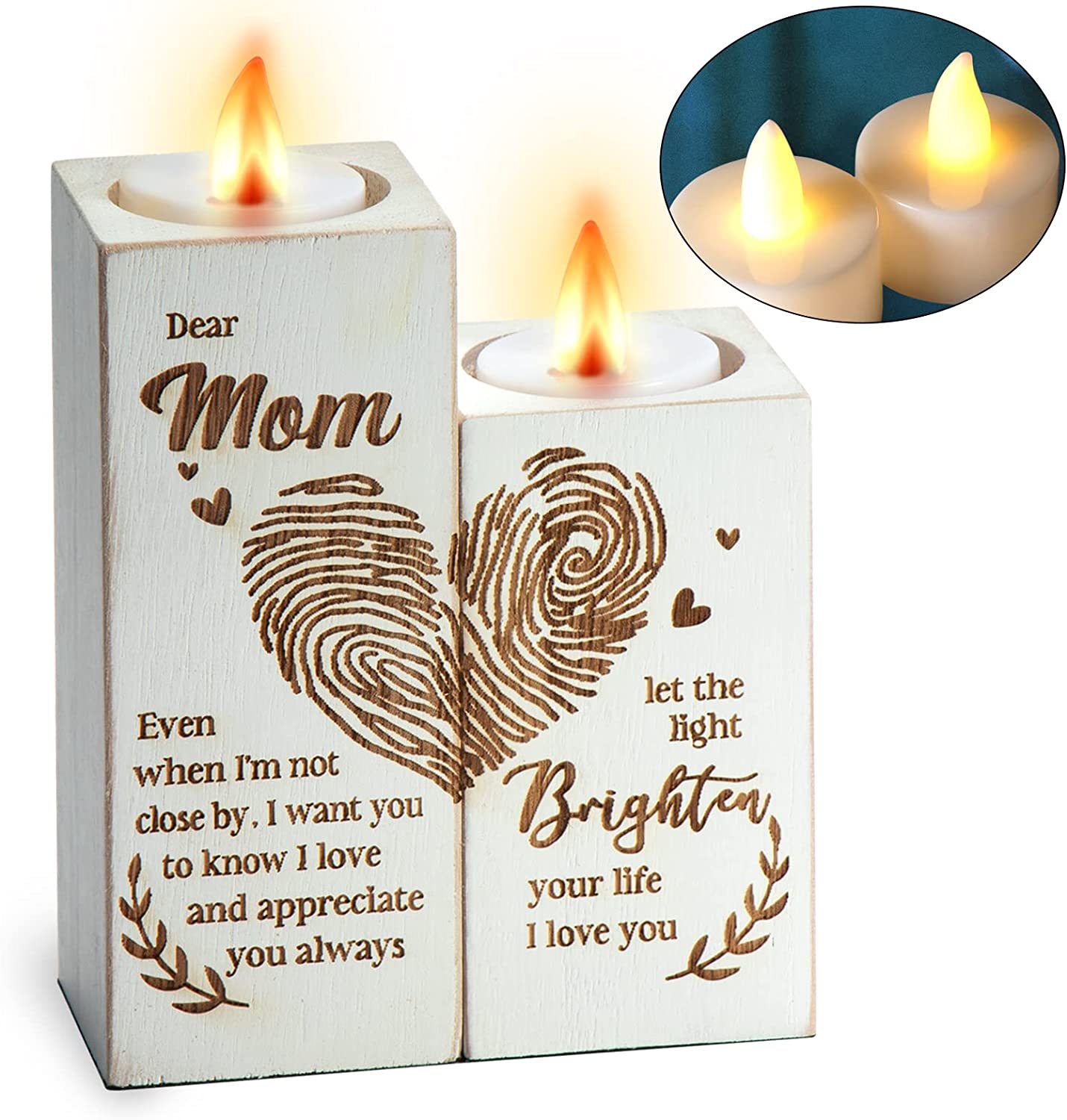 Gifts for Mom from Daughter, Meaningful Gifts for Mom, Rustic Farmhouse Style Tealight Candle Holder, for Mom's Birthday，Mother's Day, Christmas, Valentines Day，Fingerprint Heart Pattern