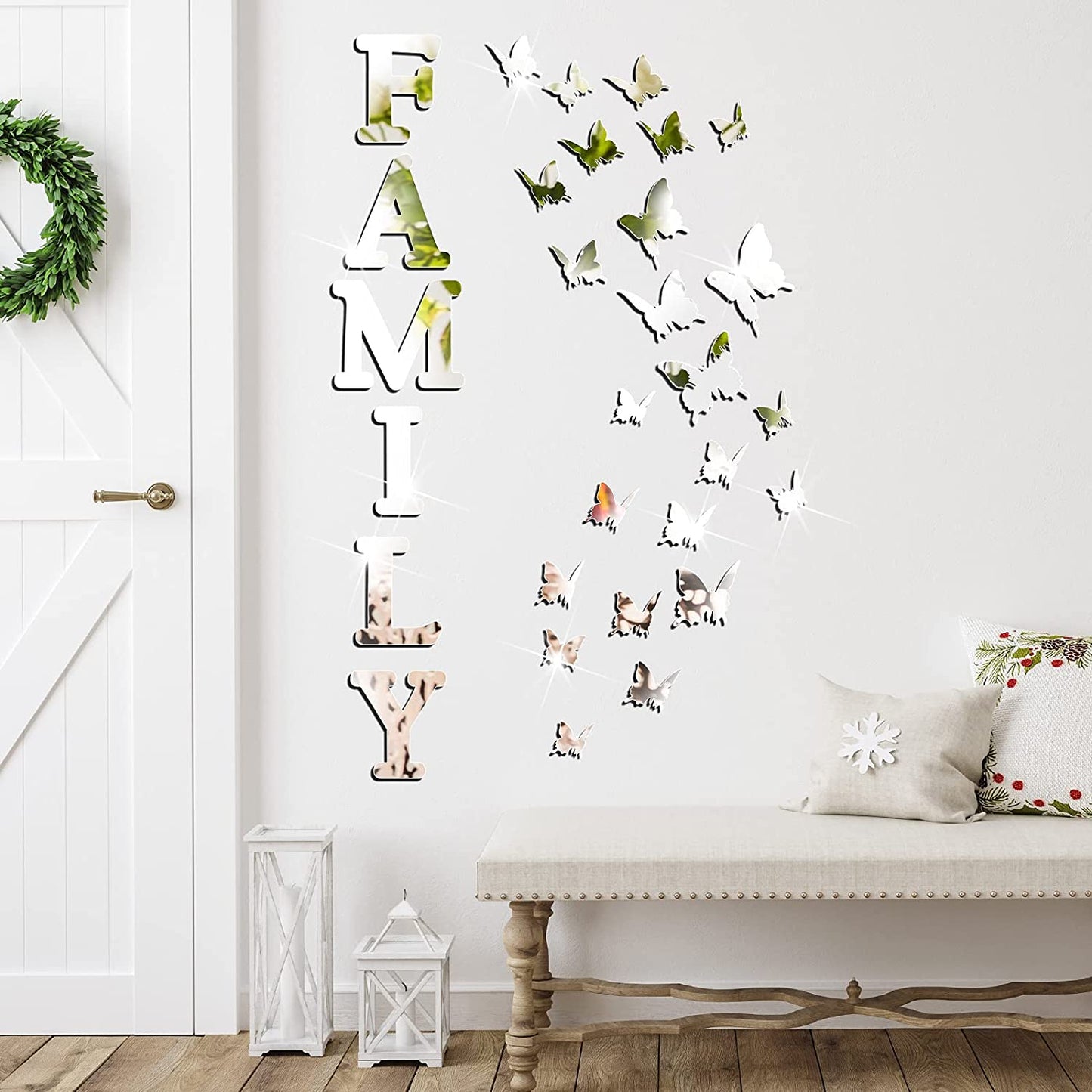 3D Family Home Sign Letters Living Room Decor Family Rustic Farmhouse Wall Decor Acrylic Mirror Decorative Butterfly Mirror Wall Sticker Decals for Living Room Bedroom Kitchen (Silver)