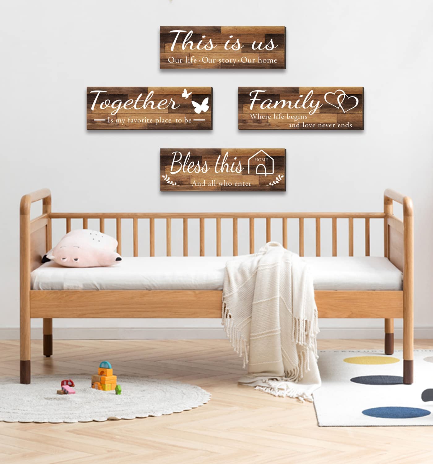 4 Pieces Home Wall Decor Signs, THIS IS US/TOGETHER/BLESS THIS HOME/FAMILY Wall Decor For Living Room Bedroom, Rustic Wooden Farmhouse Wall Art Decor, 4.7 x 13.8 Inch(Brown)