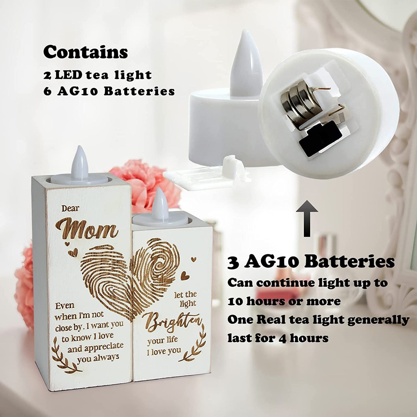 Gifts for Mom from Daughter, Meaningful Gifts for Mom, Rustic Farmhouse Style Tealight Candle Holder, for Mom's Birthday，Mother's Day, Christmas, Valentines Day，Fingerprint Heart Pattern