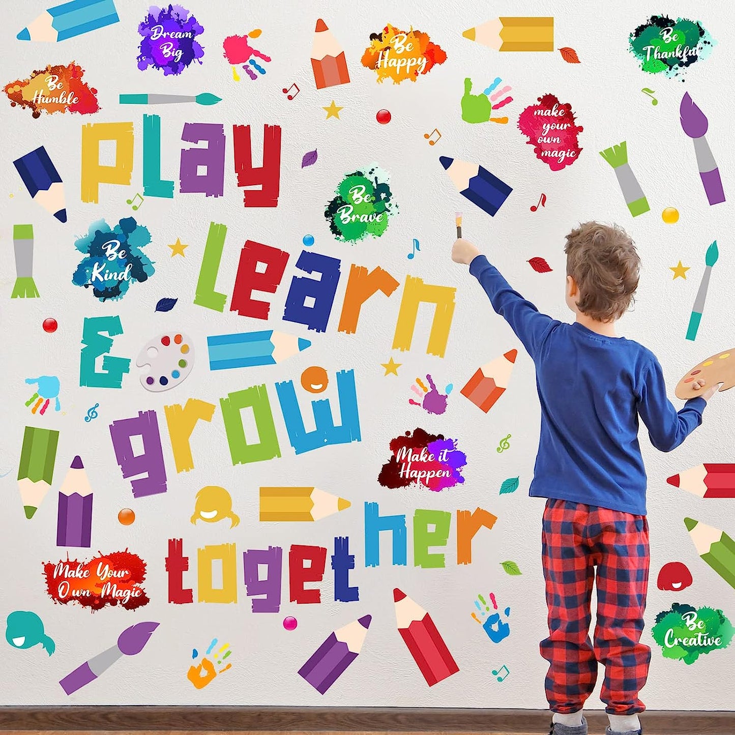 Kids Wall Decals Classroom Decals Colorful Inspirational Wall Decals Daycare Decals Playroom Wall Decor Motivational Wall Decals Positive Saying Sticker Splatter Wall Sticker（Play, Learn）