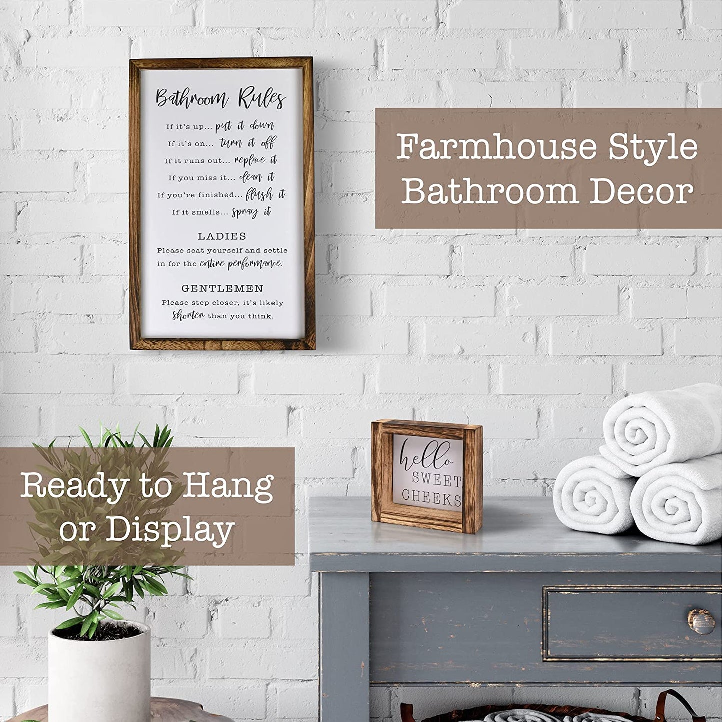 Farmhouse Bathroom Decor Set of 2 - Funny Interchangeable Wall Signs That Will Bring a Good Laugh To Your Bathroom - Rustic Wooden Picture Frames with Unique Sayings Are Perfect For Your Home