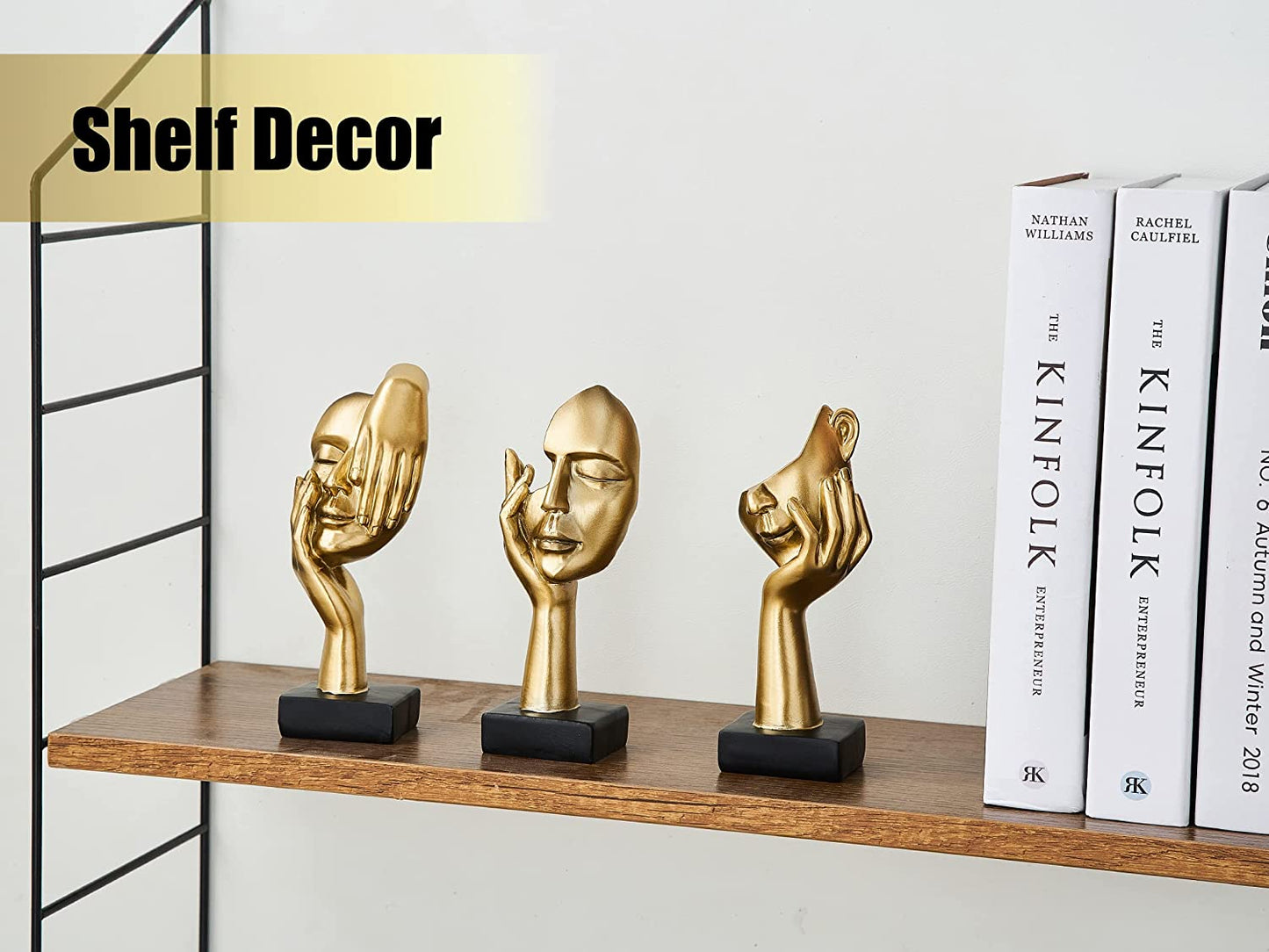 Gold Decor Face Statues for Home Decor Set of 3, Thinker Statues Shelf Decor Accents, Table Decorations for Living Room Bedroom Office, Bookshelf Decorative Objects