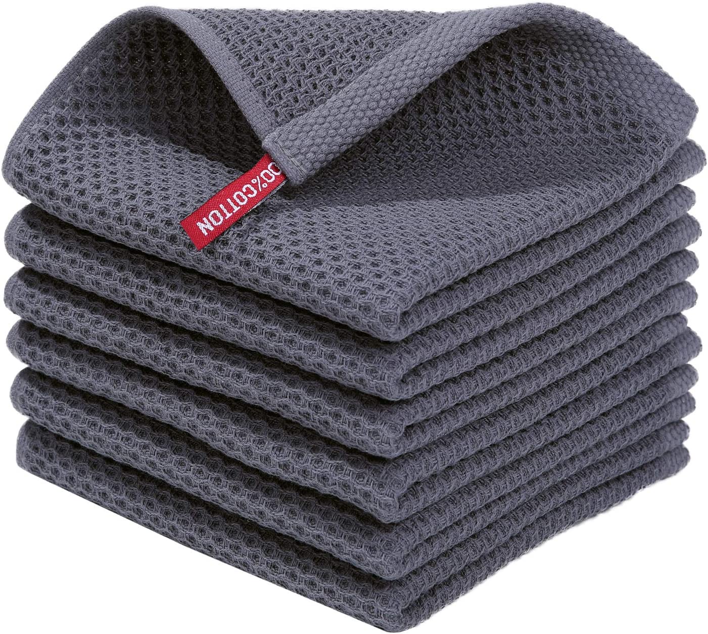 100% Cotton Waffle Weave Kitchen Dish Cloths, Ultra Soft Absorbent Quick Drying Dish Towels, 12x12 Inches, 6-Pack, Dark Grey