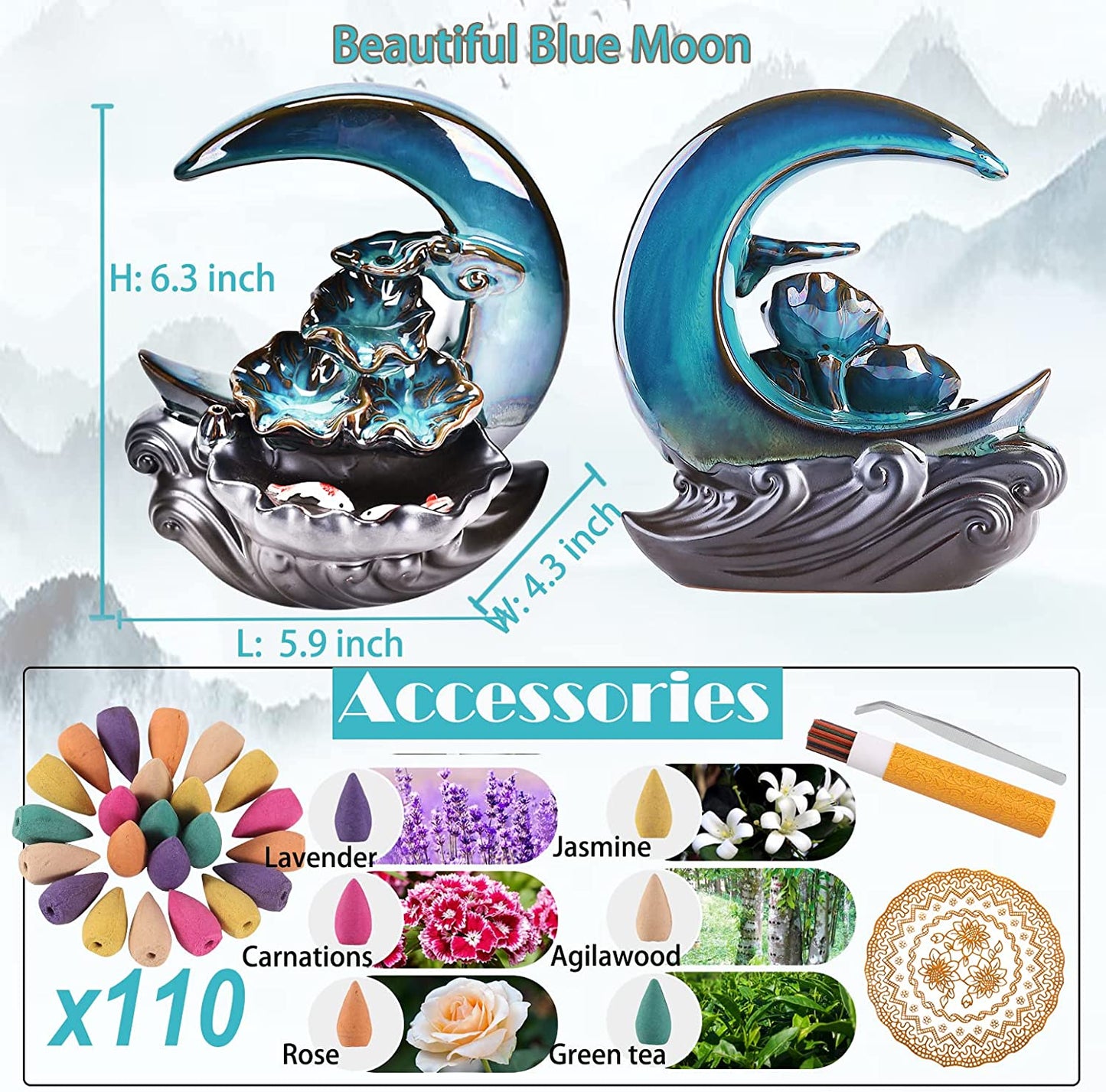 New Moon Backflow Incense Holder,Waterfall Incense Burner ，Ceramic Hand-Made Incense Fountain Burner with 100 Backflow Incense Cones，Fragrance Incense Stick，mat，Aromatherapy Home Decoration