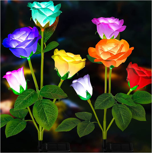 Solar Garden Lights - Newest Version Solar Lights Outdoor, 7-Color Changing Rose Lights for Yard,Garden Decoration, Enlarged Solar Panel, More Realistic Rose Flower (2 Packs)