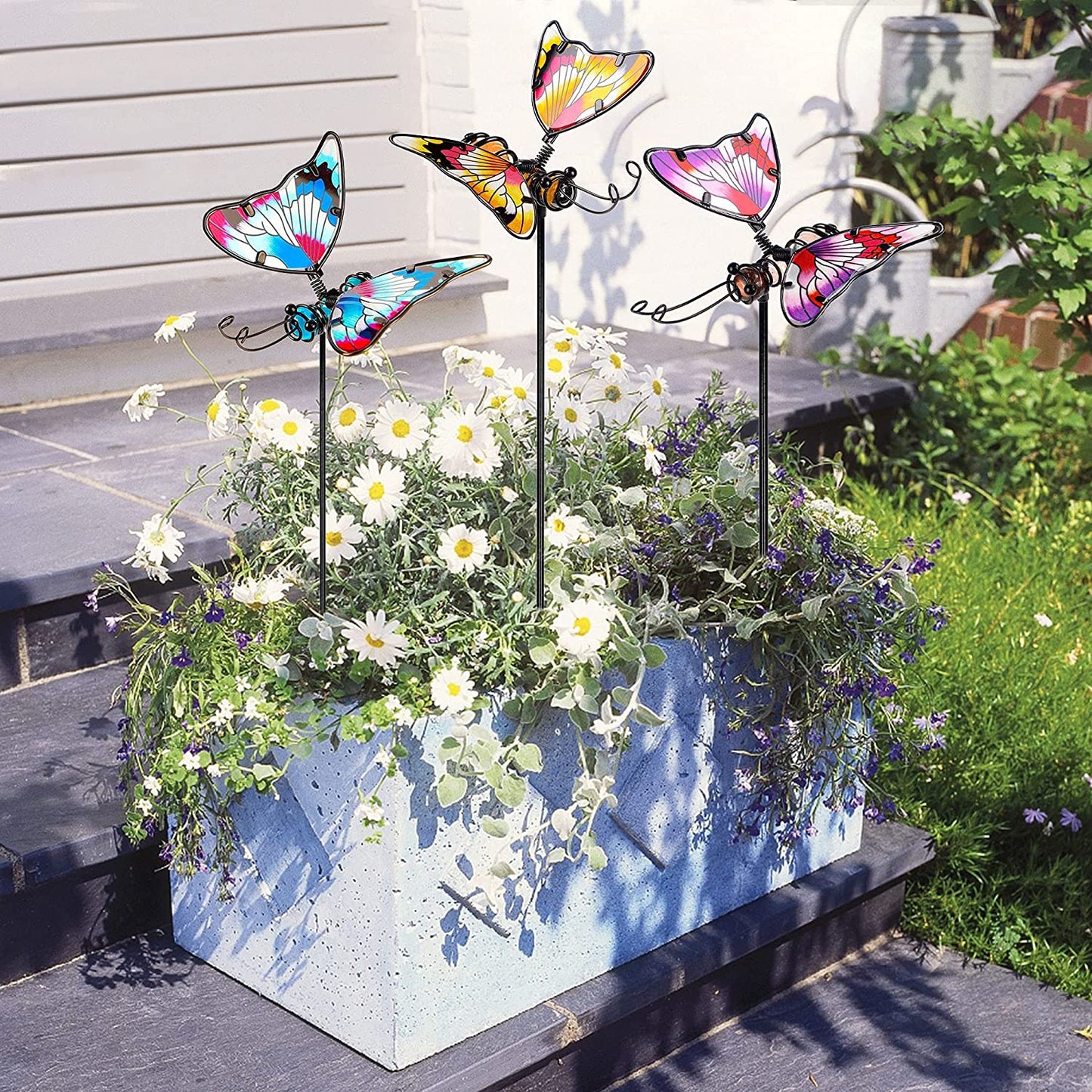 Set of 3 Butterfly Garden Stake Decor, 20 Inch Colorful Butterflies Stakes, Glass & Metal Yard Art Ornaments for Mom, Mothers Day Ideal Gifts, Outdoor Lawn Pathway Patio Plant Pot, Flower Bed