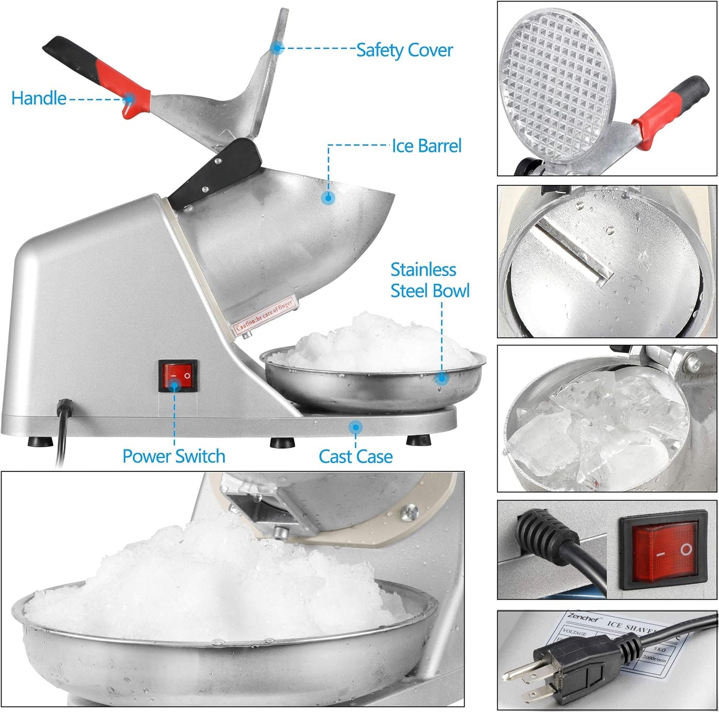 Electric Ice Crushers 300W 2000r/min w/Stainless Steel Blade Shaved Ice Snow Cone Maker Kitchen Machine (Silver)