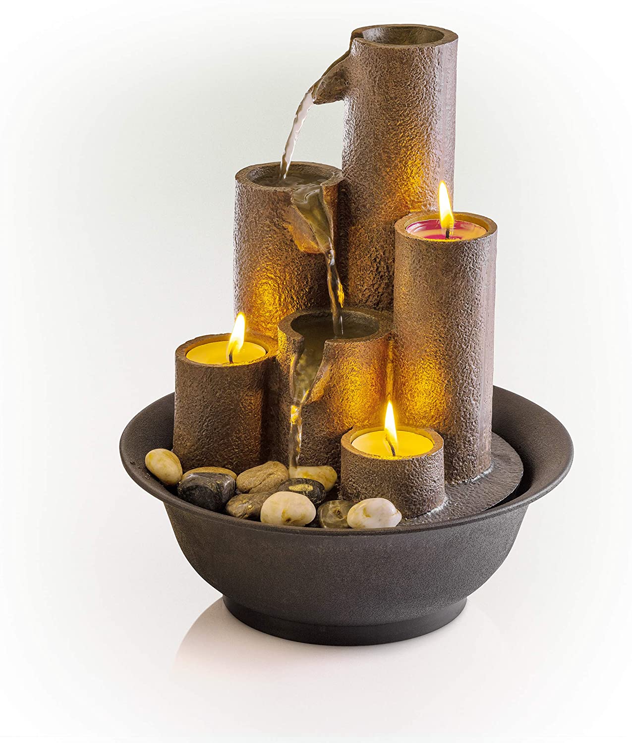 Tiered Column Tabletop Fountain with 3 Candles, Mini Waterfall for Indoor Spaces, Relaxation Water Feature, 11" Tall, Brown