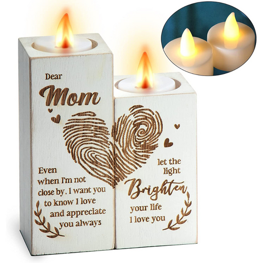 Gifts for Mom from Daughter, Meaningful Gifts for Mom, Rustic Farmhouse Style Tealight Candle Holder, for Mom's Birthday，Mother's Day, Christmas, Valentines Day，Fingerprint Heart Pattern