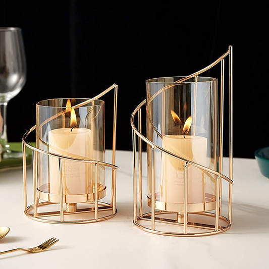 Metal Wire Candle Holder Set of 2, Glass Pillar Candle Holders Gold Decorative Tea Light Candleholders for Home Decor Table Decorations Centerpiece (Spiral)