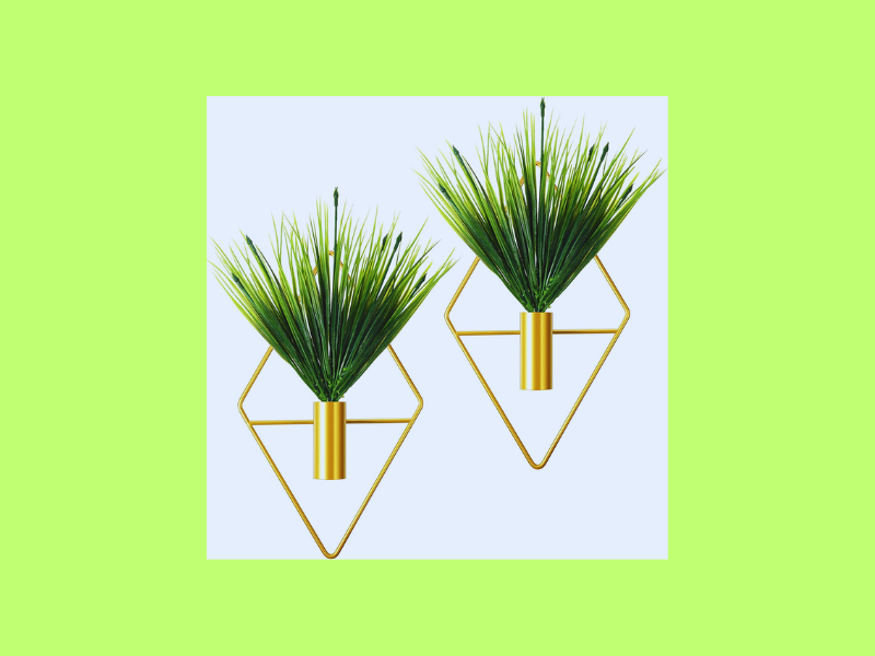 2 Pieces Diamond Shape Hanging Planters with Artificial Aquatic Plants Metal Hanging Vase Indoor Plants Holder Modern Geometric Wall Decor for Home Living Room Office (Gold, Aquatic Plant)