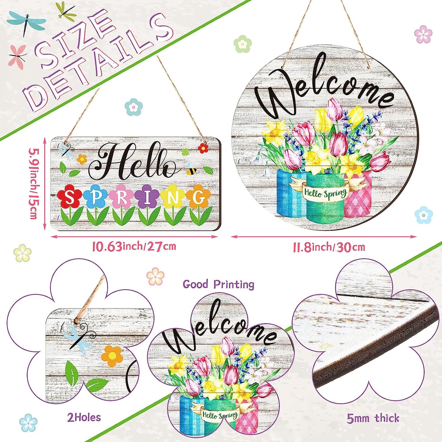 2 Pcs Hello Spring Sign Rustic Wood Decor Welcome Spring Sign Front Door Decoration