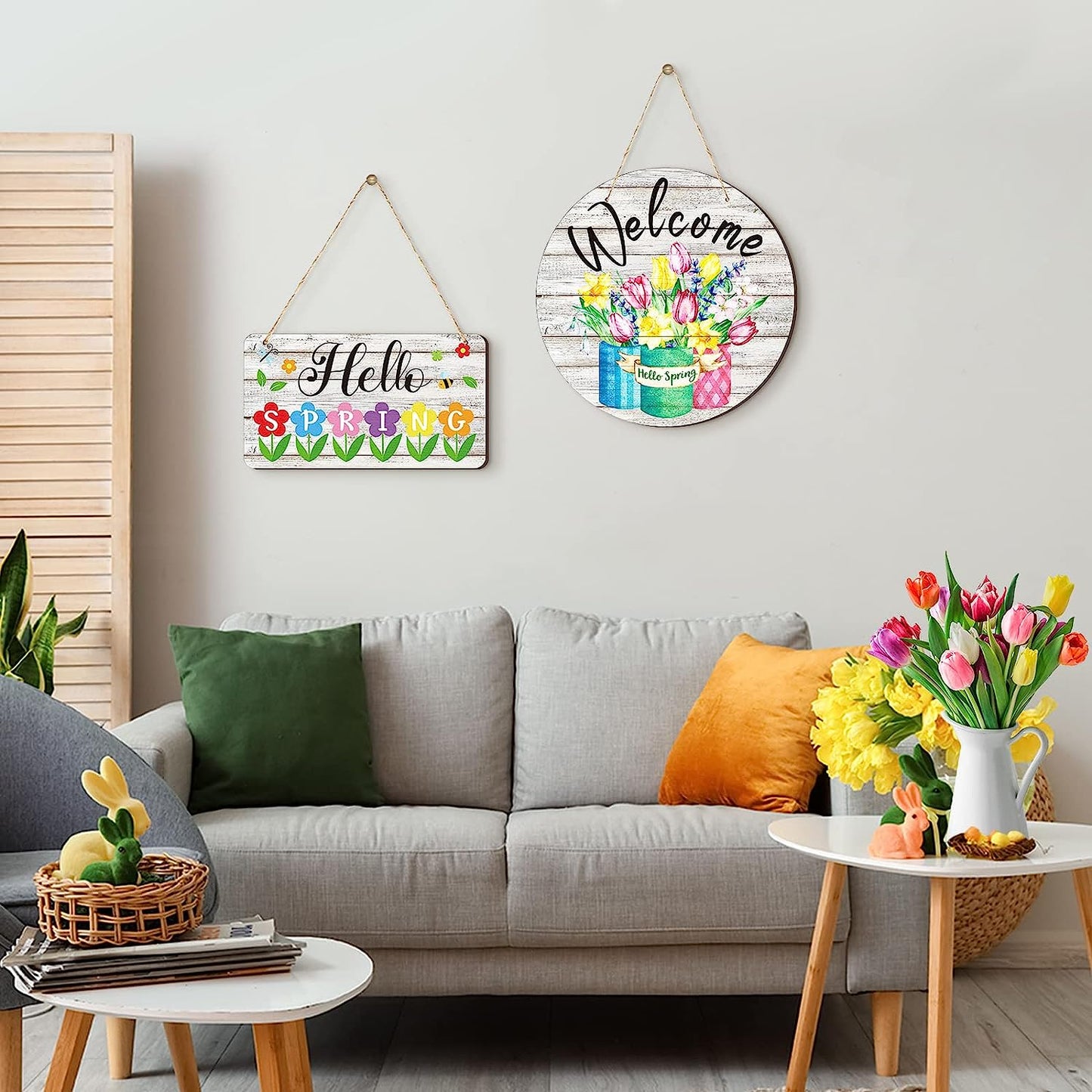 2 Pcs Hello Spring Sign Rustic Wood Decor Welcome Spring Sign Front Door Decoration